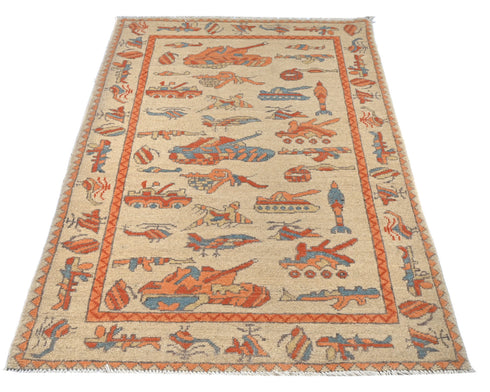 3x5 Light Brown Kuba Afghan Hand Knotted Wool Area Rug